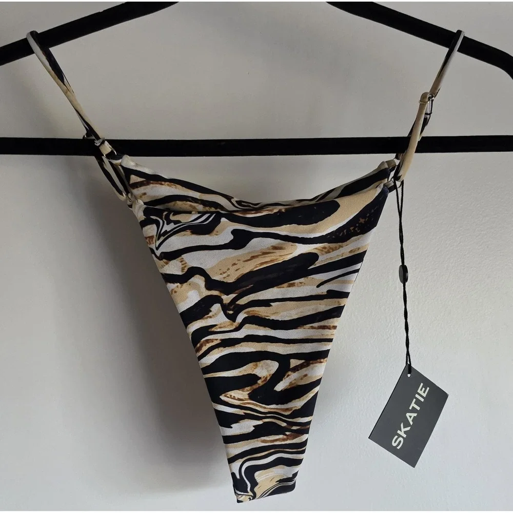 NWT SKATIE Bikini Bottom Women L Black Tan White Abstract Resort Swim